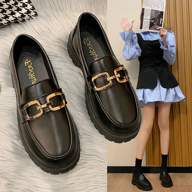 英倫風小皮鞋女2021秋季新款復古圓頭厚底單鞋一腳蹬軟底jk樂福鞋-細節圖3