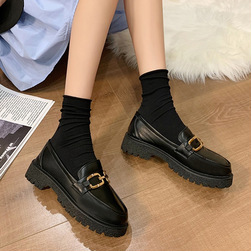 英倫風小皮鞋女2021秋季新款復古圓頭厚底單鞋一腳蹬軟底jk樂福鞋-細節圖5