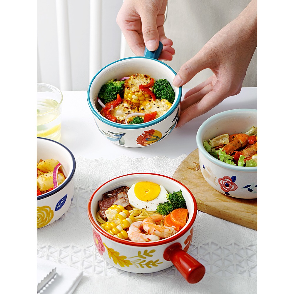 日式ins家用餐具套裝創意個性陶瓷手柄碗帶蓋泡麪碗可愛兒童烤碗-細節圖2