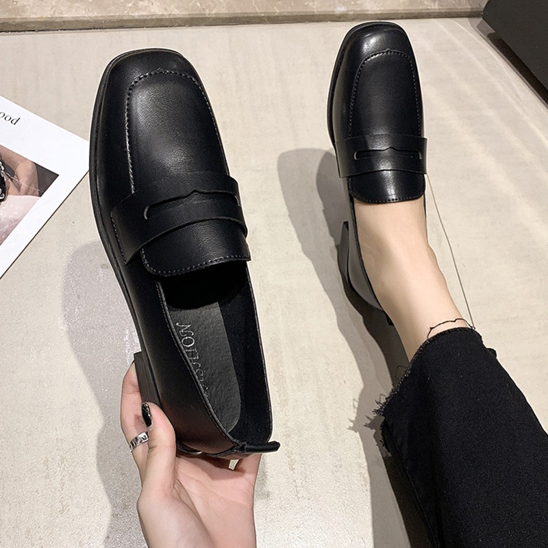厚底樂福鞋2021春季新款平底英倫風小皮鞋百搭黑色上班工作女單鞋-細節圖3