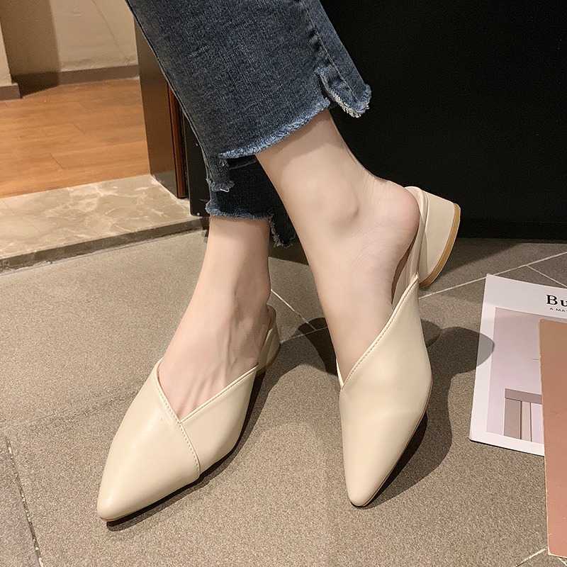 懶人半拖鞋女無後跟包頭中跟尖頭網紅百搭時尚韓版外穿半托單鞋女-細節圖5