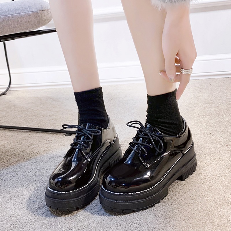 英倫風JK制服日系小皮鞋女2021春季新款百搭厚底漆皮黑色復古單鞋-細節圖5