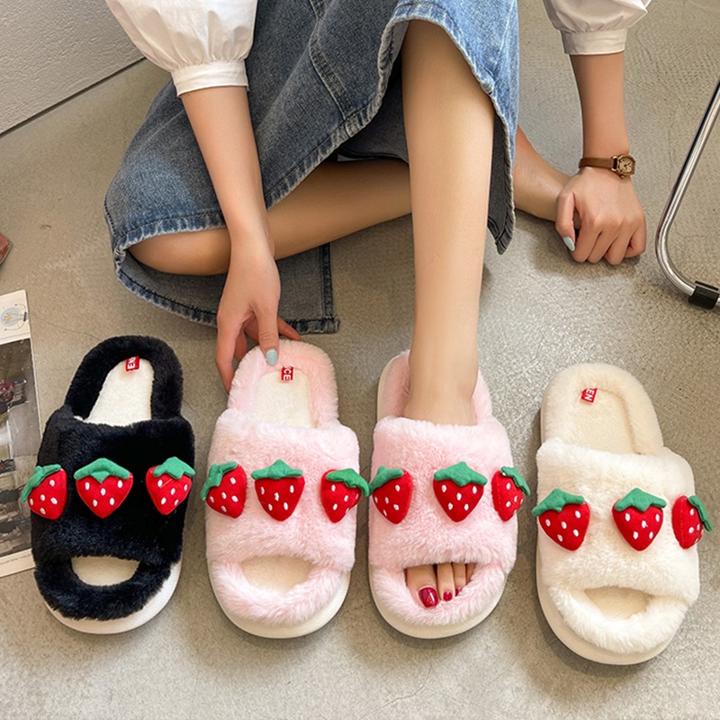 網紅草莓可愛毛毛拖鞋女外穿2021秋季新款露趾平底防滑舒適一字拖-細節圖4