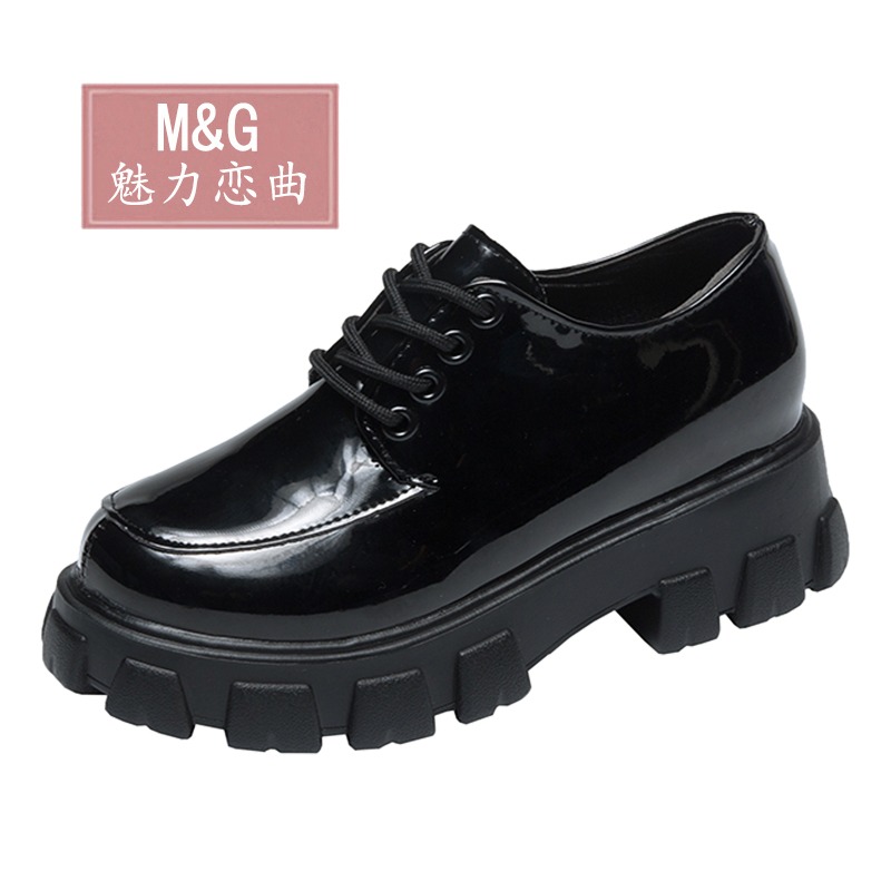 劉雯同款漆皮厚底小皮鞋女英倫風鬆糕鞋2021新款系帶黑色增高單鞋-細節圖2