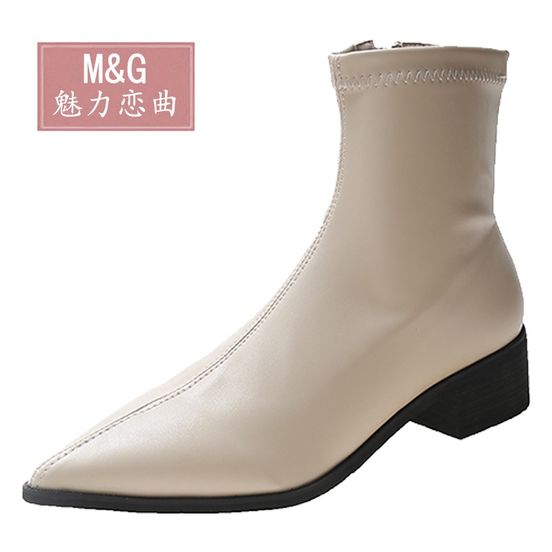 羅馬短靴女夏2021新款復古粗跟法式軟皮高級感炸街白色切爾西裸靴-細節圖2