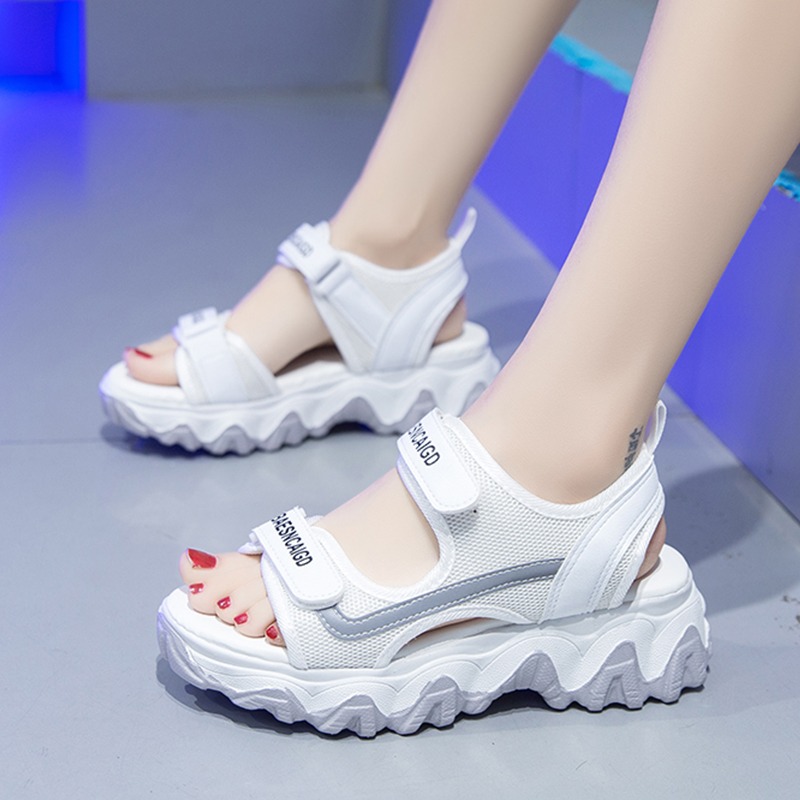 厚底老爹涼鞋女2021年新款夏季學生魔術貼鬆糕休閑運動沙灘羅馬鞋-細節圖3