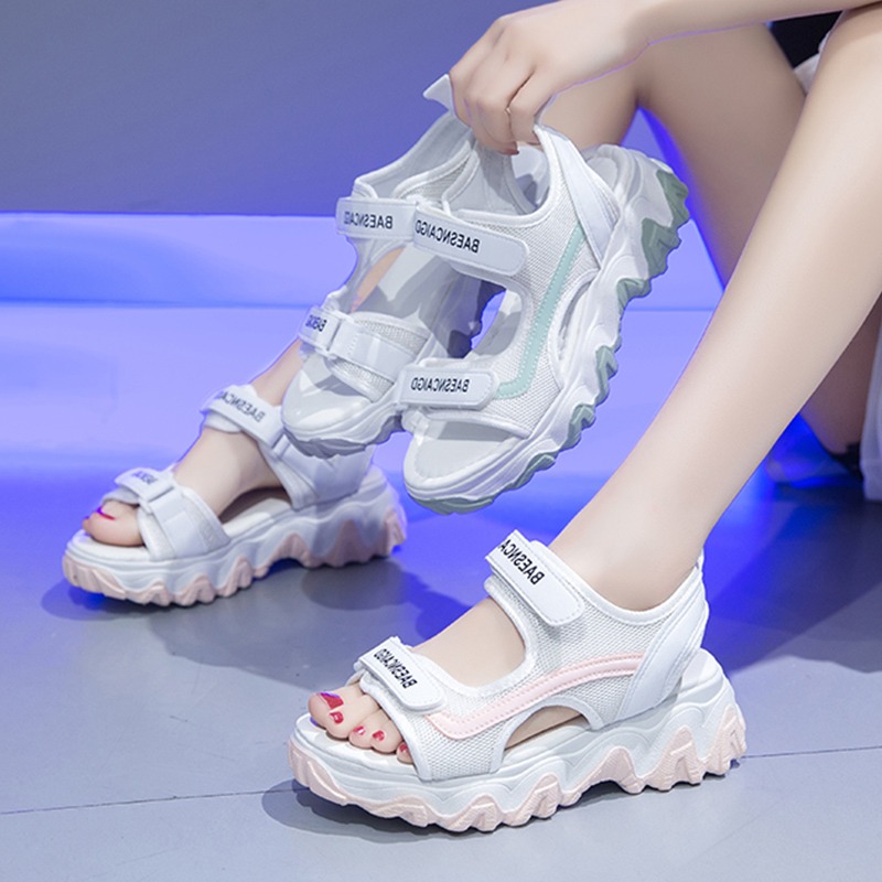 厚底老爹涼鞋女2021年新款夏季學生魔術貼鬆糕休閑運動沙灘羅馬鞋-細節圖5