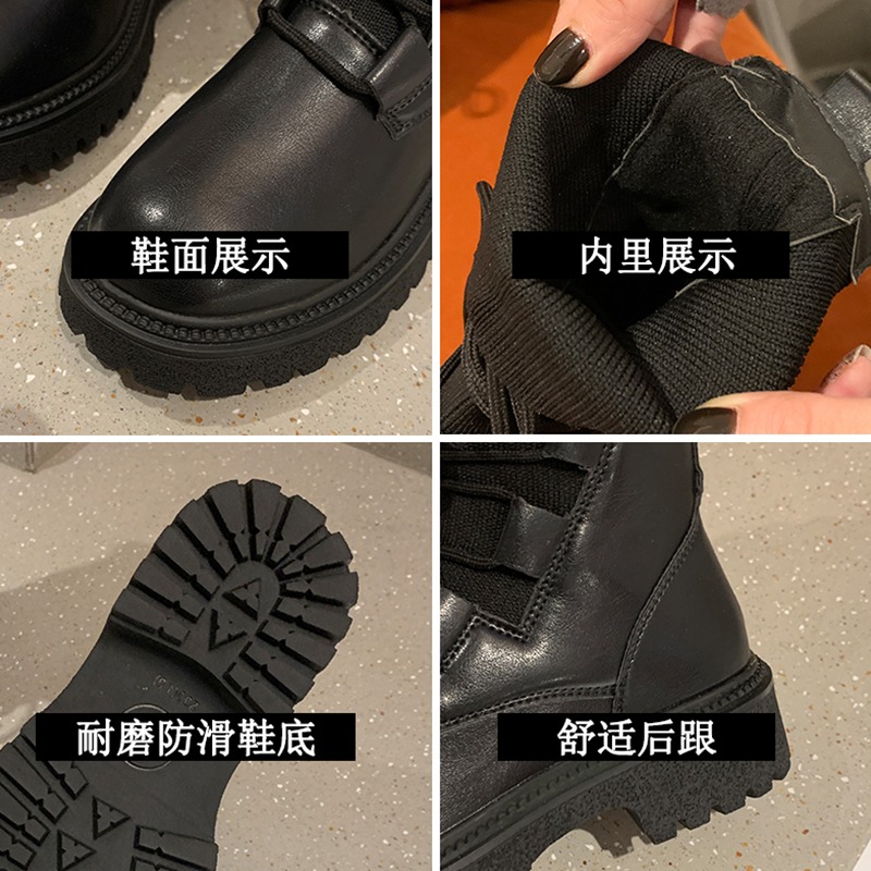 馬丁靴女春秋單靴2021年新款夏季薄款靴子厚底百搭中筒靴黑色短靴-細節圖5