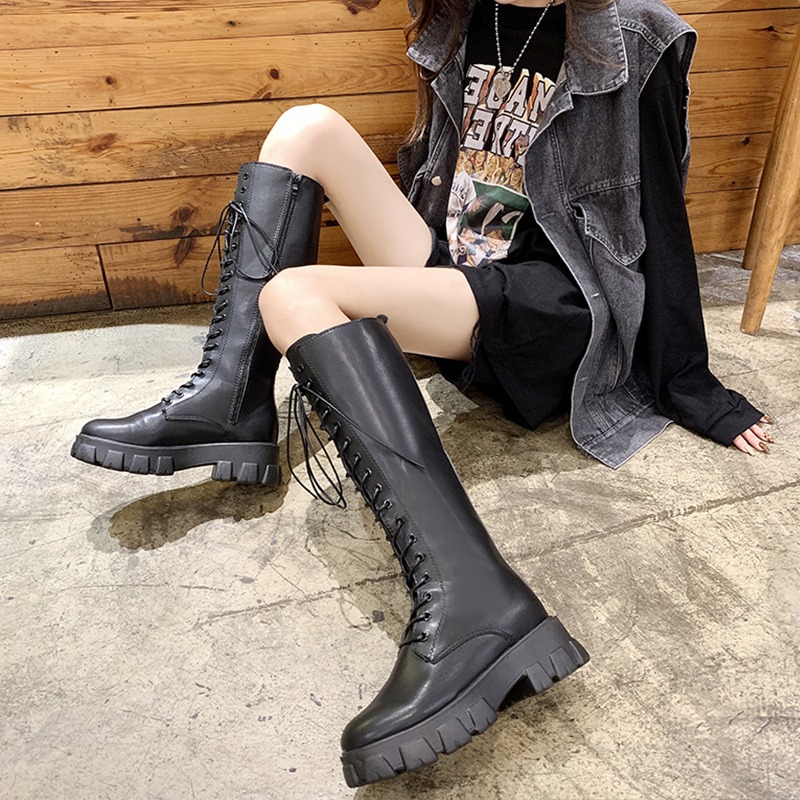 白色馬丁靴厚底顯瘦系帶高筒靴子長筒騎士靴女2021春秋季新款長靴-細節圖3