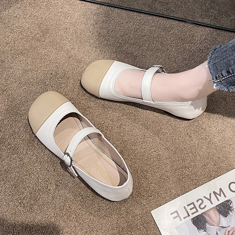 韓版女鞋2021夏拼色淺口一字帶搭扣低跟瑪麗珍chic單鞋芭蕾舞鞋女-細節圖5