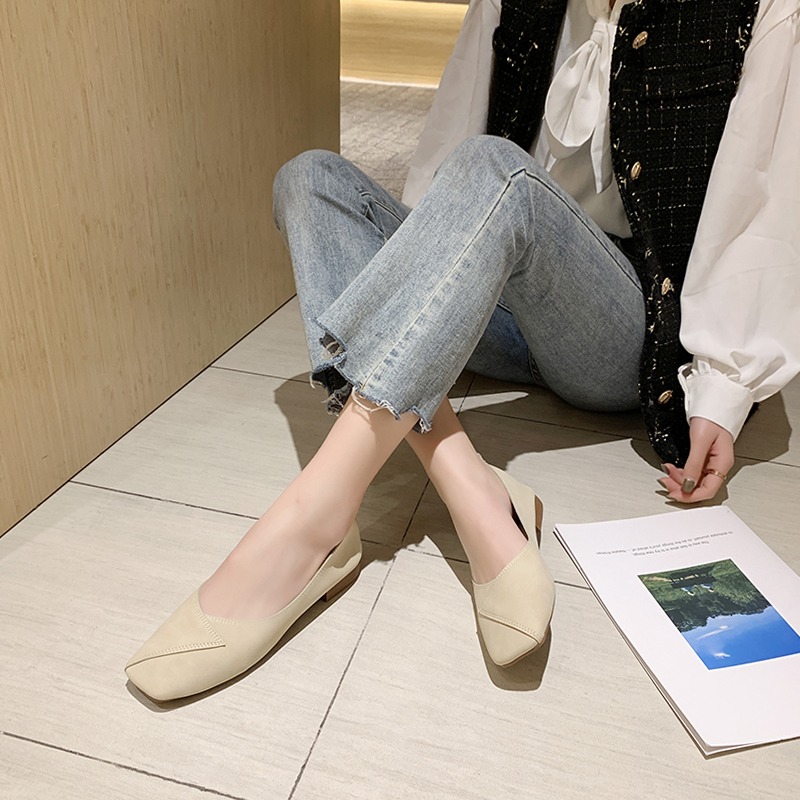 網紅低跟單鞋女2021春款時尚百搭方頭小清新舒適軟皮一腳蹬奶奶鞋-細節圖4