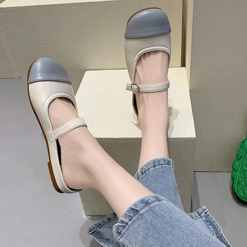 韓版女鞋2021夏拼色淺口一字帶搭扣低跟瑪麗珍chic單鞋包頭半拖鞋-細節圖3