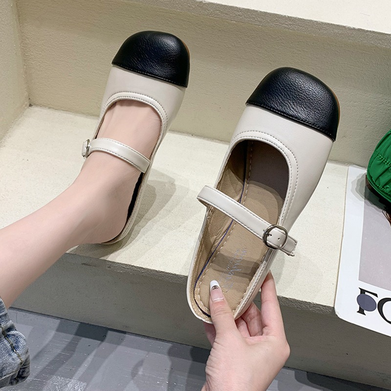 韓版女鞋2021夏拼色淺口一字帶搭扣低跟瑪麗珍chic單鞋包頭半拖鞋-細節圖4