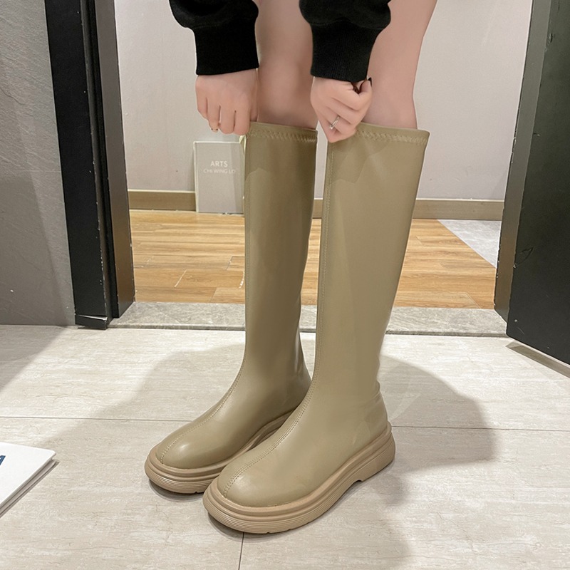 2021春秋網紅同款鬆糕厚底英倫瘦瘦靴女韓版後拉鏈彈力高筒騎士靴-細節圖3