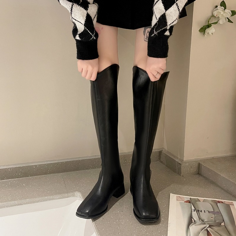 顯瘦長筒靴女騎士靴2021年新款春秋季粗腿高筒不過膝白色v口長靴-細節圖3