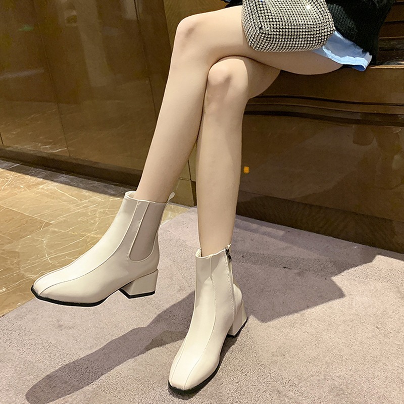 短靴女2021秋冬季新款切爾西靴百搭粗跟中跟網紅瘦瘦馬丁靴女高跟-細節圖3