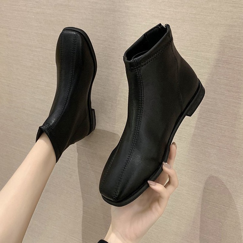 網紅瘦瘦靴女2021秋季新款粗跟平底百搭方頭短筒單靴英倫風馬丁靴-細節圖4