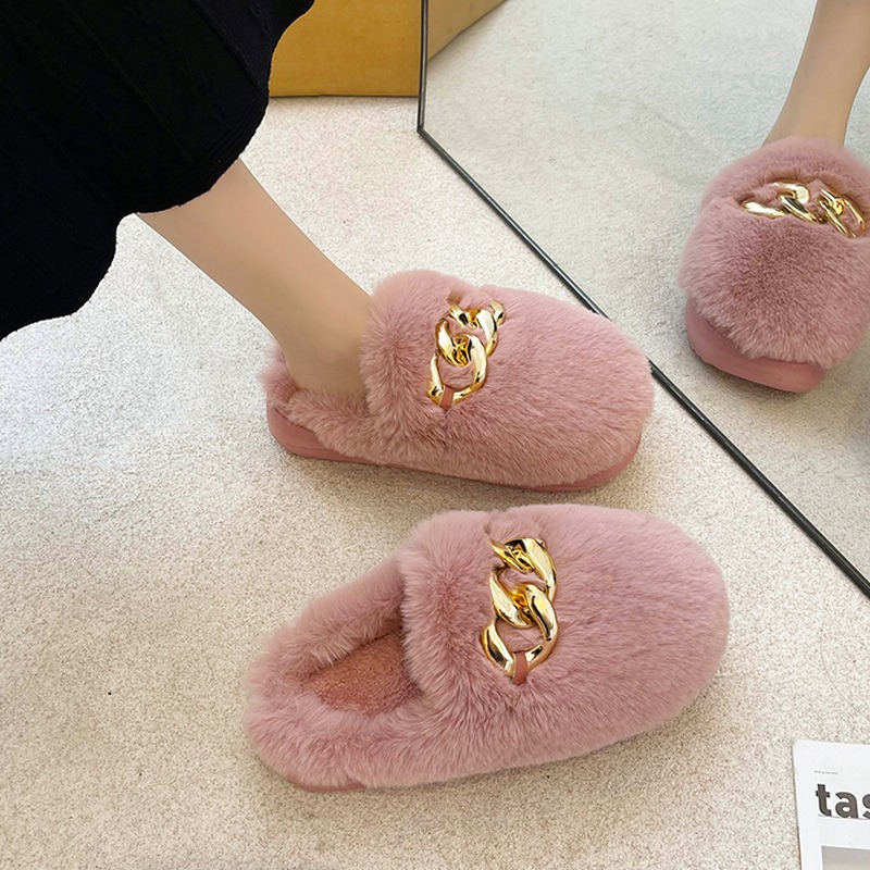 毛毛拖鞋女外穿秋冬季韓版時尚帶扣休閑棉拖低跟包頭帶毛居家拖鞋-細節圖3