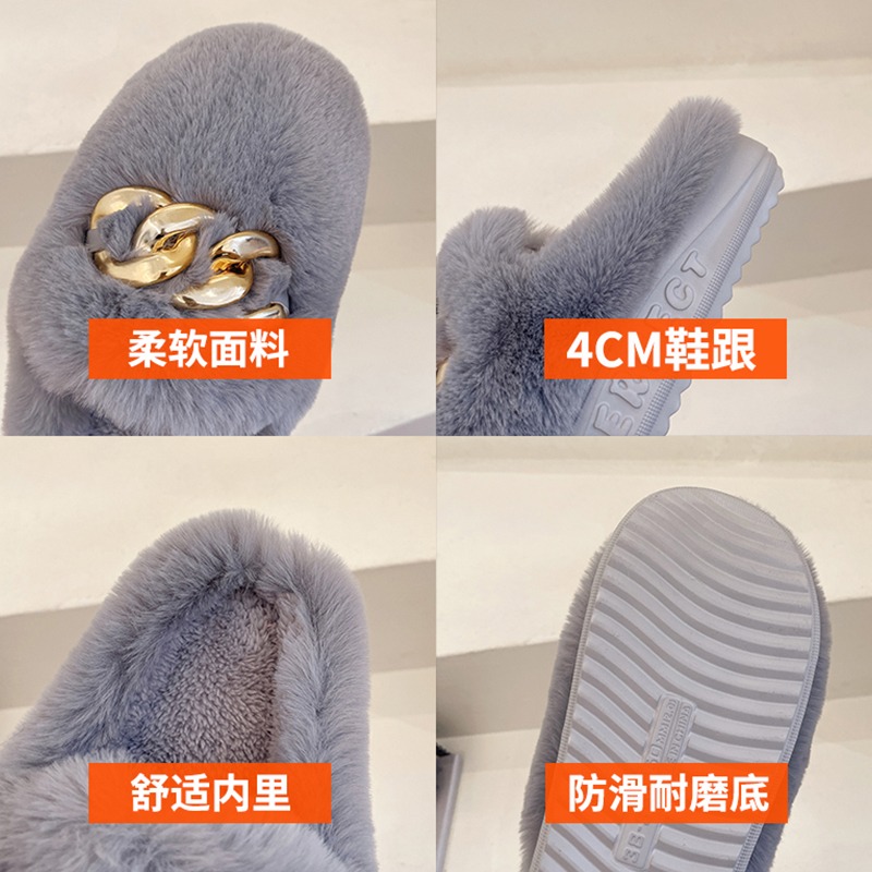 毛毛拖鞋女外穿秋冬季韓版時尚帶扣休閑棉拖低跟包頭帶毛居家拖鞋-細節圖5