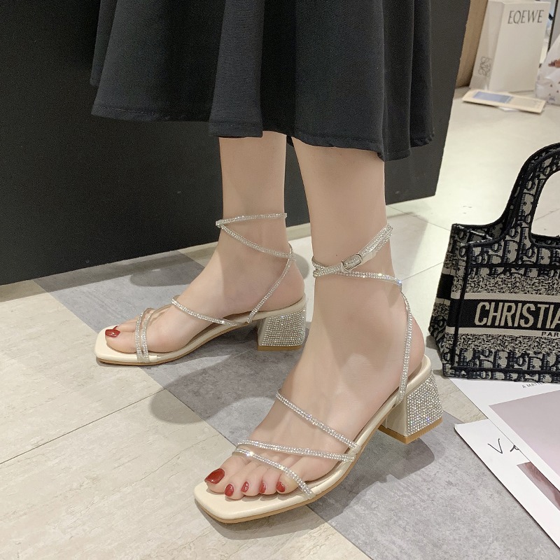 涼鞋2021年新款水晶仙女風中跟網紅ins潮水鉆粗跟細帶羅馬高跟鞋-細節圖4