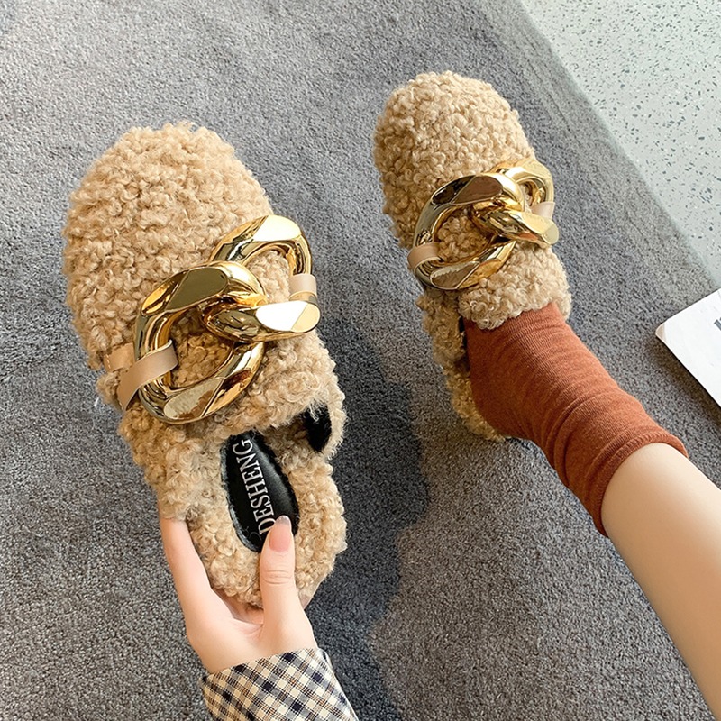 網紅阿希哥同款毛毛鞋女冬外穿2021新款羊羔毛鏈條穆勒鞋包頭拖鞋-細節圖3