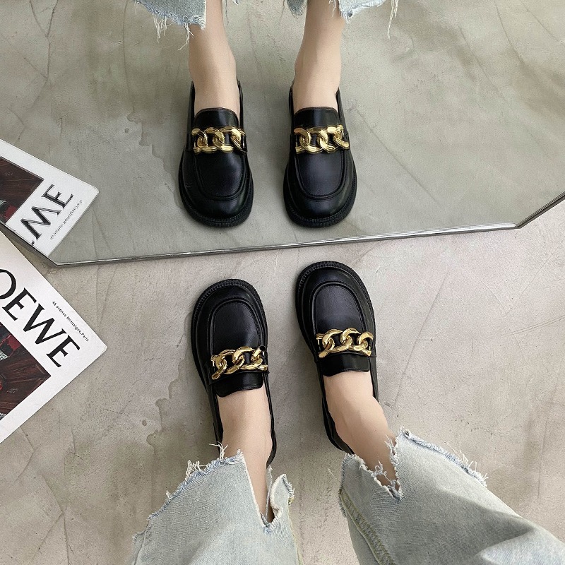 網紅同款英倫風小皮鞋女2021新款復古金屬扣方頭厚底樂福鞋單鞋女-細節圖3