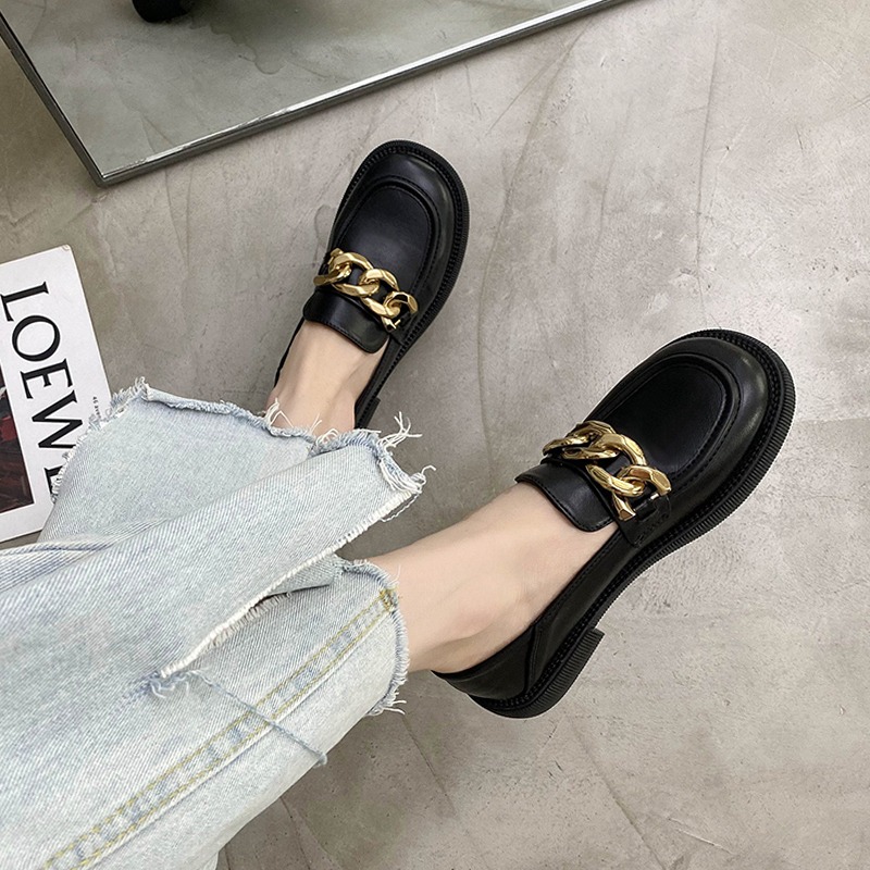 網紅同款英倫風小皮鞋女2021新款復古金屬扣方頭厚底樂福鞋單鞋女-細節圖4