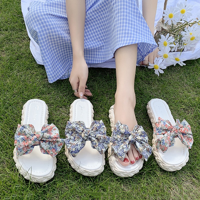 蝴蝶結編織厚底拖鞋女外穿2021夏季新款百搭碎花仙女風甜美一字拖-細節圖4