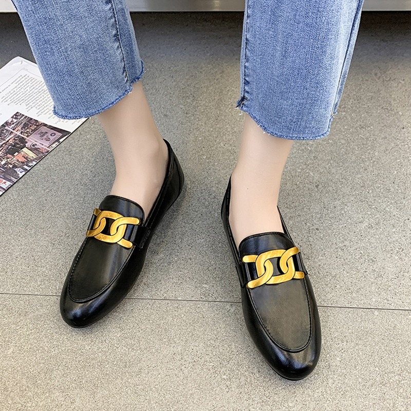 軟皮樂福鞋女2021春季新款復古金扣粗跟單鞋一腳蹬懶人平底小皮鞋-細節圖3