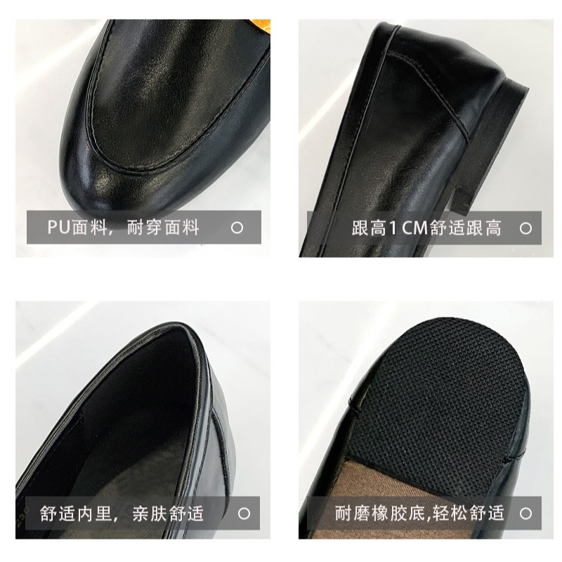 軟皮樂福鞋女2021春季新款復古金扣粗跟單鞋一腳蹬懶人平底小皮鞋-細節圖5