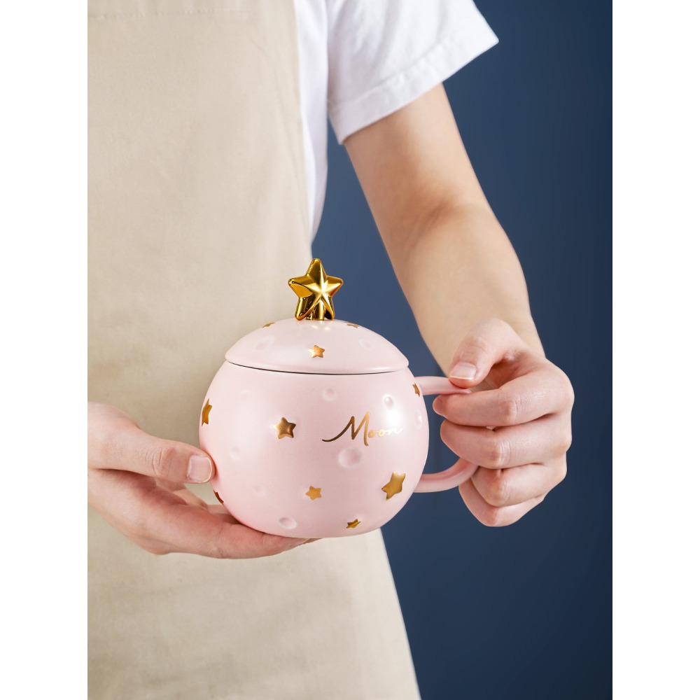 情侶陶瓷馬克咖啡杯帶蓋勺辦公室男女家用牛奶燕麥早餐杯ins可愛-細節圖2