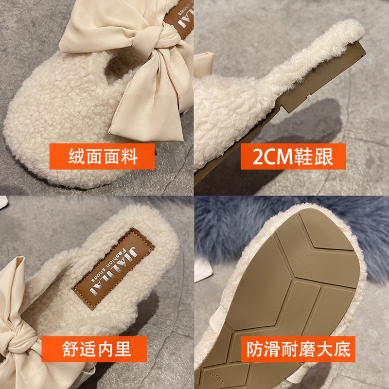 包頭半拖鞋女外穿平底秋冬季2021新款百搭防滑蝴蝶結毛毛鞋仙女風-細節圖5
