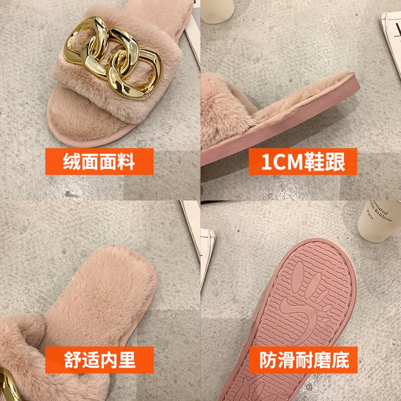 小香風ins金屬扣外穿毛毛拖鞋女2021秋冬季新款小眾設計感一字拖-細節圖5