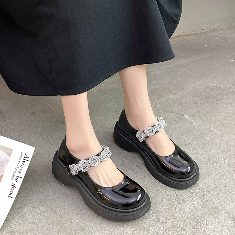 復古粗跟單鞋2021春夏款冰花瑪麗珍小皮鞋女配裙子女鞋中跟樂福鞋-細節圖3