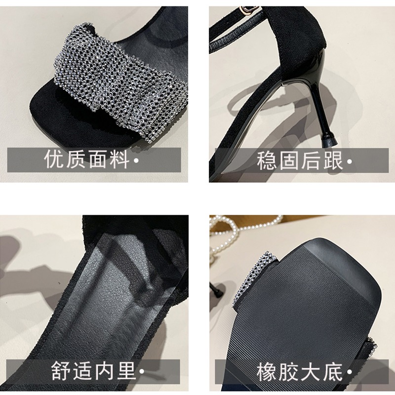 涼鞋2021年新款女夏網紅仙女風百搭細跟水鉆方頭大學生超火高跟鞋-細節圖5