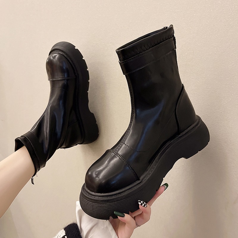 短筒靴女2021年春秋新款網紅時尚百搭馬丁鬆糕厚底秋季瘦瘦短靴潮-細節圖3