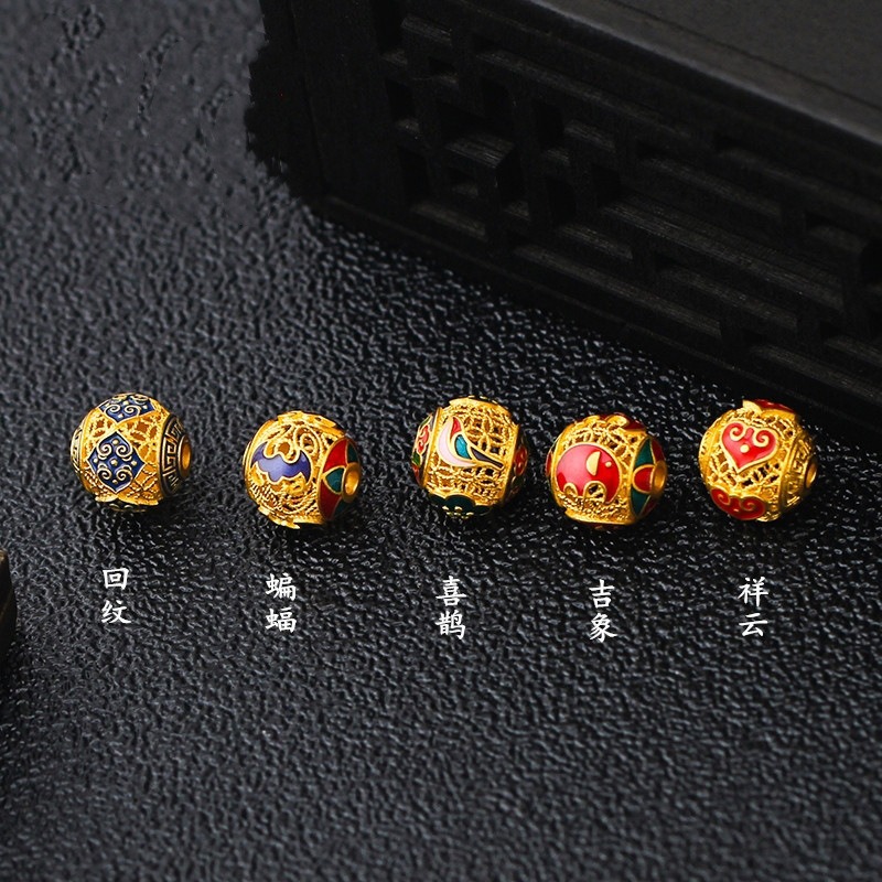越南沙金古法掐絲琺瑯回紋祥雲轉運珠銅鍍金燒藍鏤空手鏈配件-細節圖8