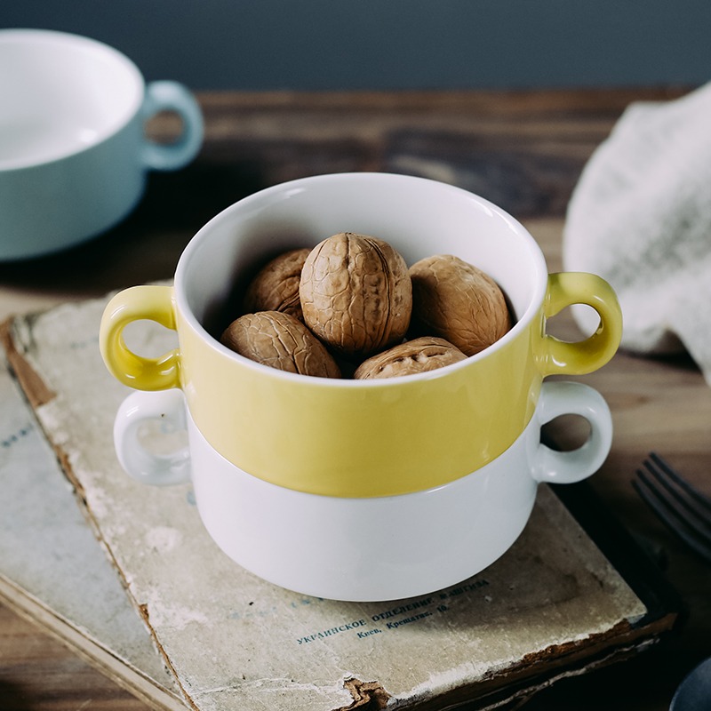 陶瓷雙耳粥碗蒸烤碗燉盅甜品碗沙拉碗家用湯碗湯羹碗布丁餐廳瓷盅-細節圖3