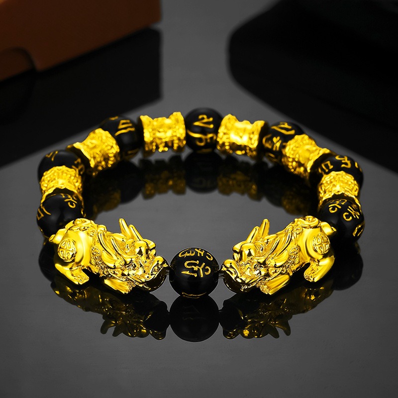 越南沙金貔貅手鏈男女仿3D硬金99黑曜石招財皮丘佛珠首飾久不掉色-細節圖2