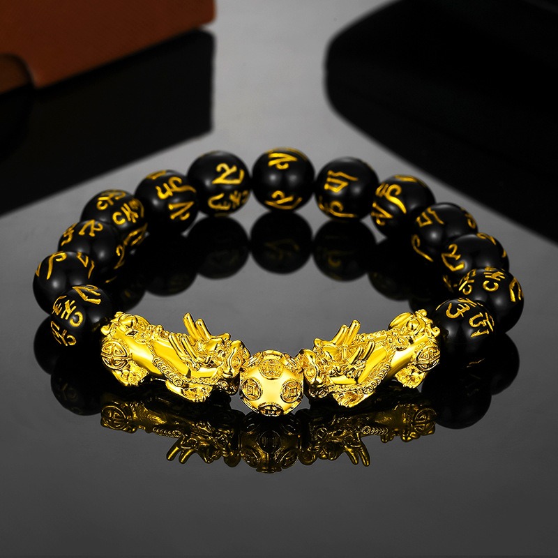 越南沙金貔貅手鏈男女仿3D硬金99黑曜石招財皮丘佛珠首飾久不掉色-細節圖3