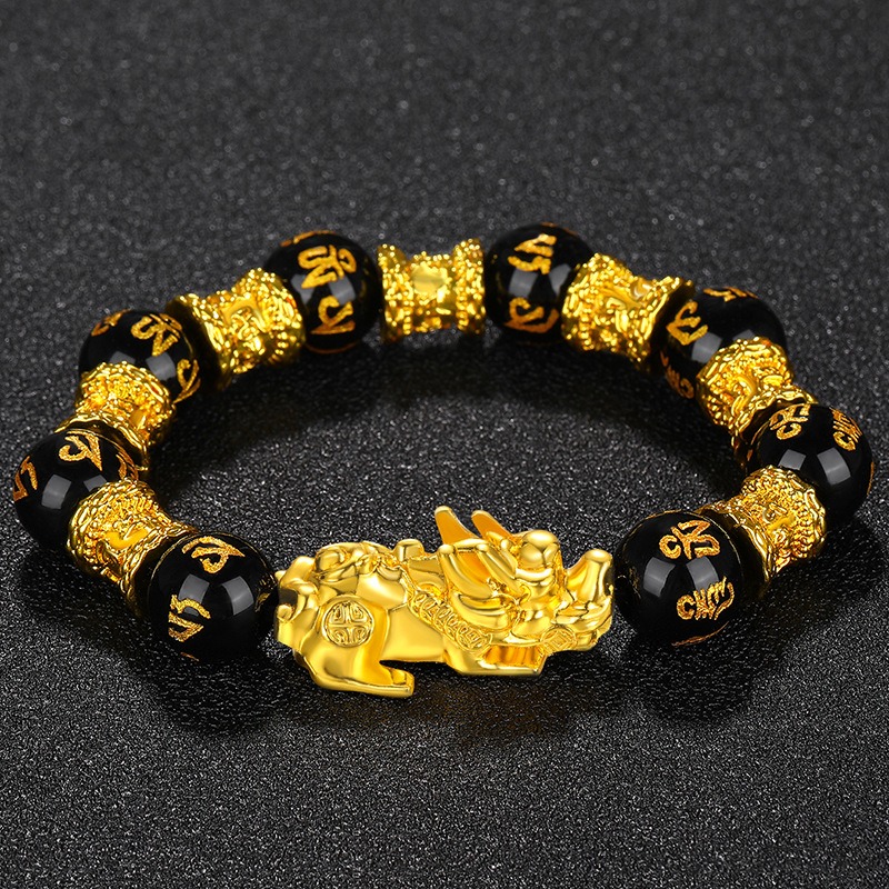 越南沙金貔貅手鏈男女仿3D硬金99黑曜石招財皮丘佛珠首飾久不掉色-細節圖4