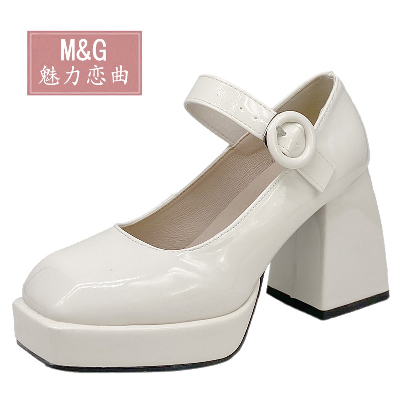 方頭淺口瑪麗珍鞋子女2021年新款夏季百搭高跟一字帶英倫風小皮鞋-細節圖2