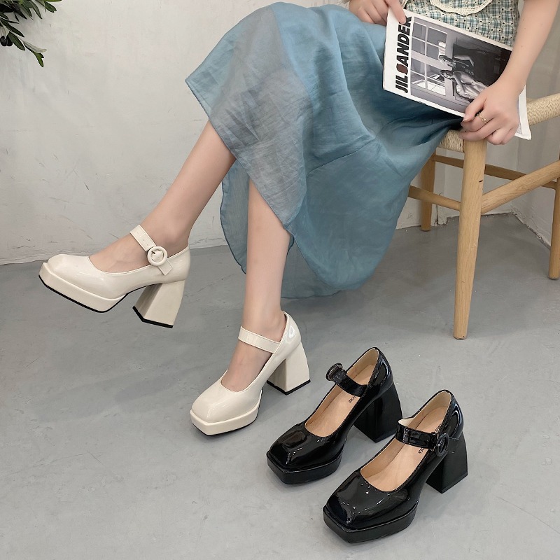 方頭淺口瑪麗珍鞋子女2021年新款夏季百搭高跟一字帶英倫風小皮鞋-細節圖5