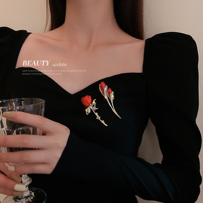 新款 歐美鑲鉆玫瑰花鬱金香胸針簡約氣質優雅胸花時尚設計感衣服-細節圖4