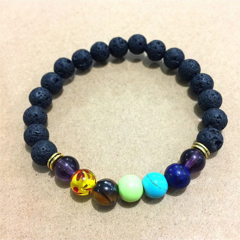 熱賣天然石手鏈8mm能量火山石chakra七彩七脈倫手鏈手串-細節圖7