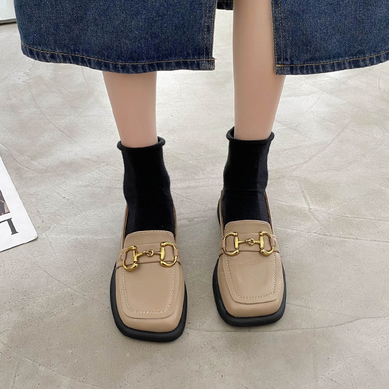 粗跟單鞋女中跟2021年秋款方頭樂福鞋女學生復古一腳蹬軟皮小皮鞋-細節圖3