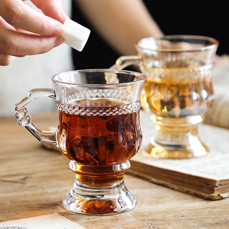 法式復古琥珀色浮雕透明手持小玻璃杯紅酒杯ins風飲料杯奶茶杯子-細節圖2