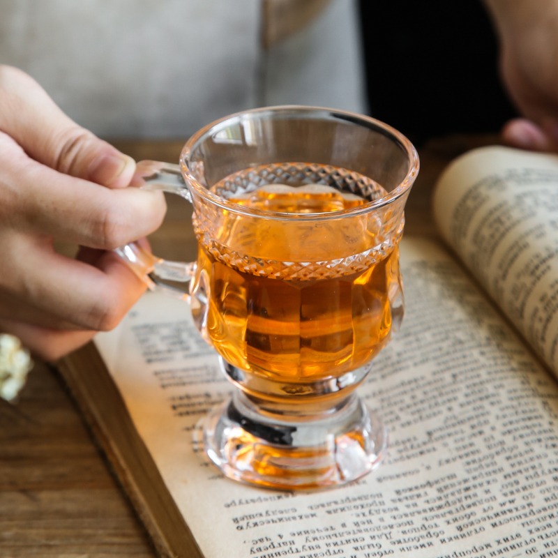 法式復古琥珀色浮雕透明手持小玻璃杯紅酒杯ins風飲料杯奶茶杯子-細節圖4