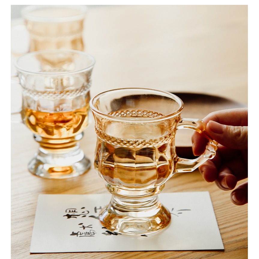 法式復古琥珀色浮雕透明手持小玻璃杯紅酒杯ins風飲料杯奶茶杯子-細節圖10