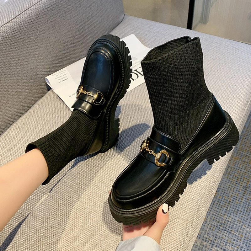 厚底連襪靴女短靴彈力復古春秋中筒飛織襪子靴瘦瘦靴樂福鞋小皮鞋-細節圖3